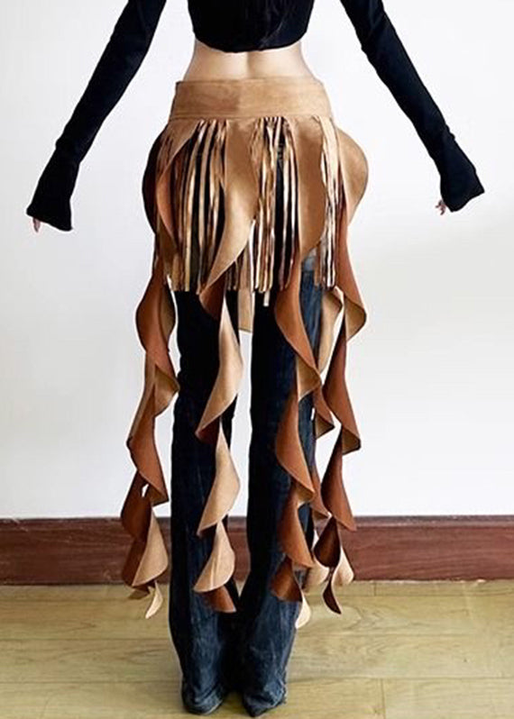 Chic Brown Patchwork Wavy Line Tassel Ribbon Sashes Skirt