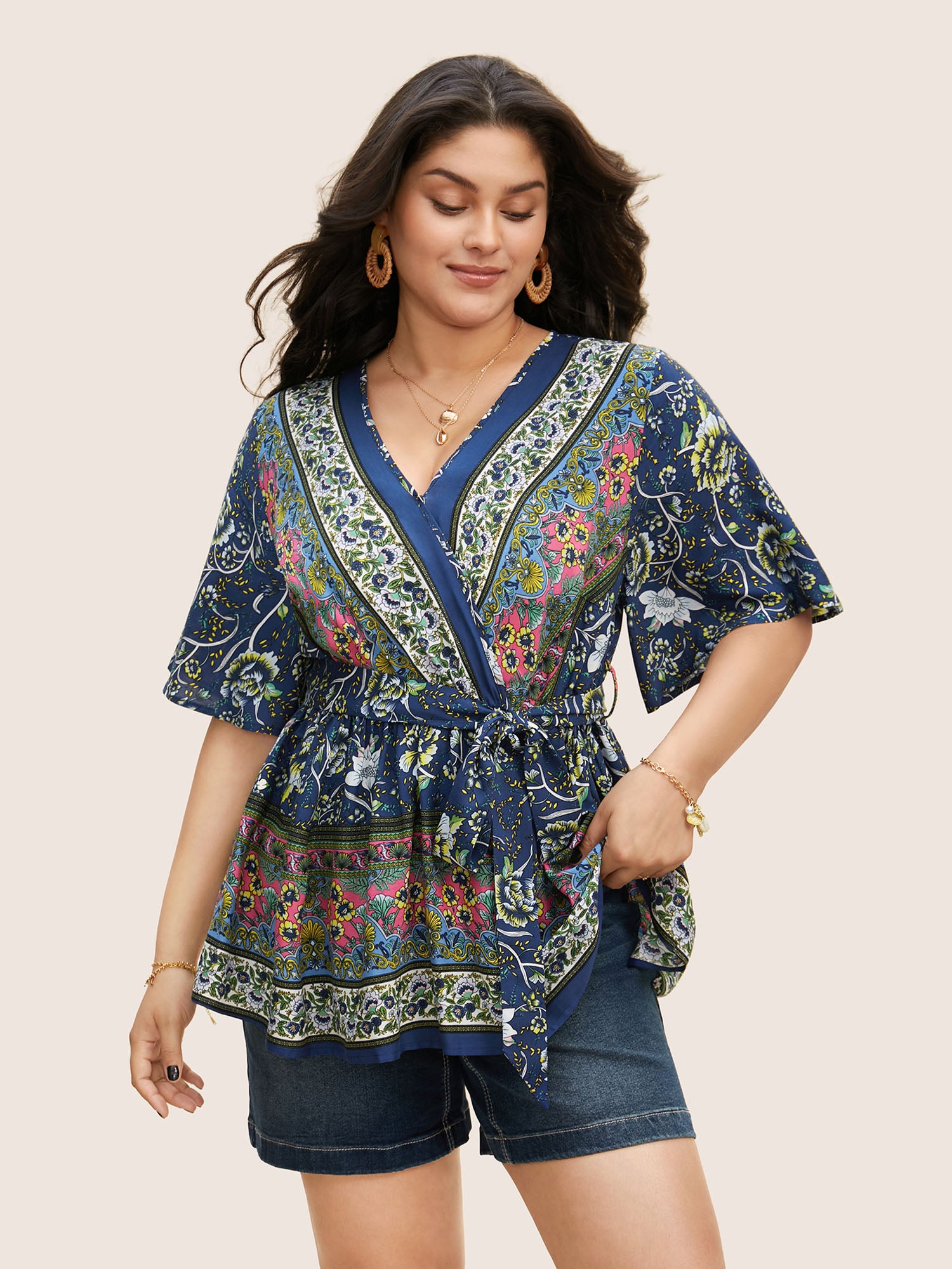 Floral Print Ruffles Belted Blouse