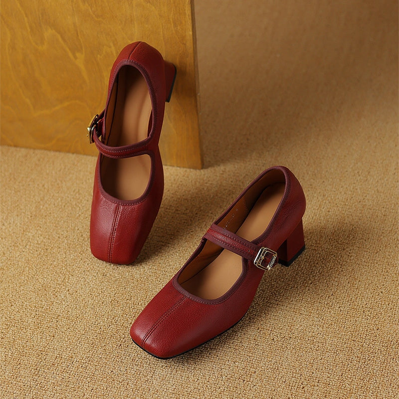 Vintage Sheepskin Square Toe 60mm Block Heel Mary Jane in Black/Wine Red