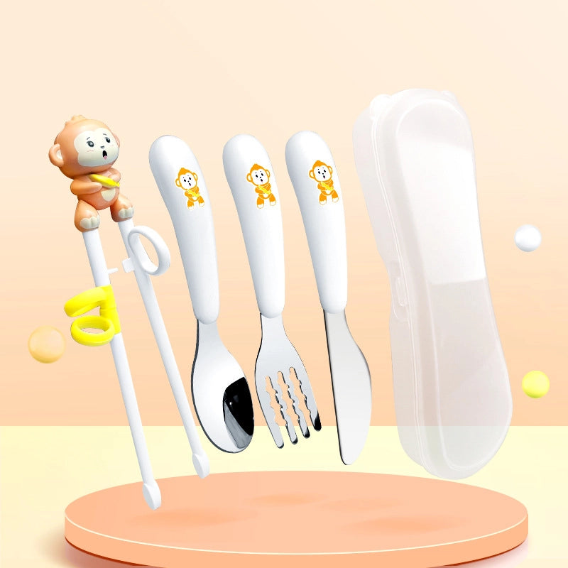 Portable Feeding Children's Tableware Set Cartoon Learning Chopsticks Training Chopsticks 304 Stainless Steel Spoon Fork