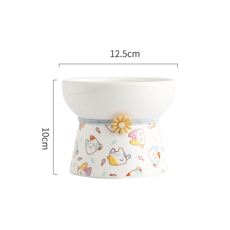 Cat Bowl Ceramic Cat Food Basin Dog Bowl Anti-overturning Integrated High Foot Inclined Mouth Cute Cat Shape Drinking Water Food Basin Pet