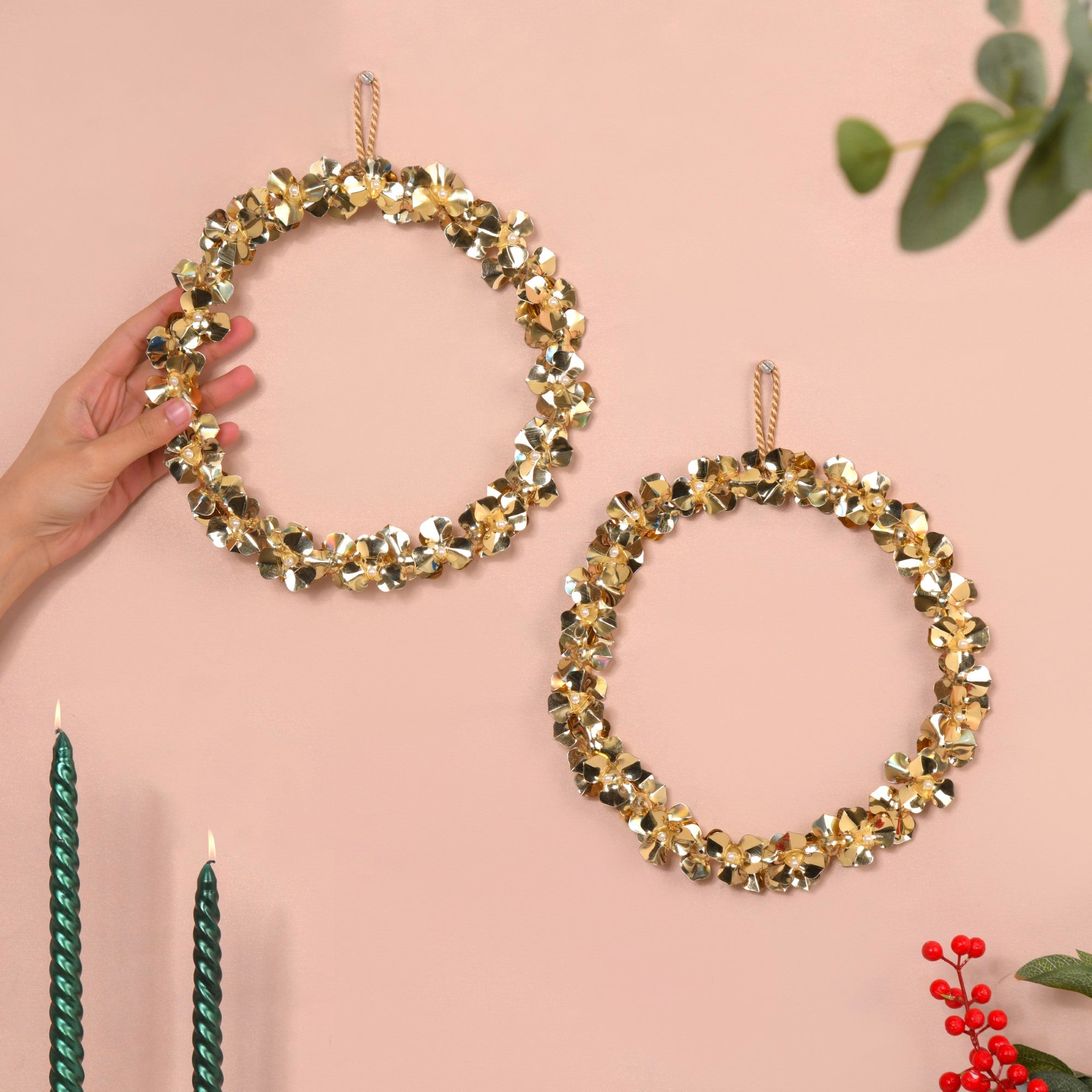 Wall Hanging Gold Flower Wreath Set Of 2 8 Inch