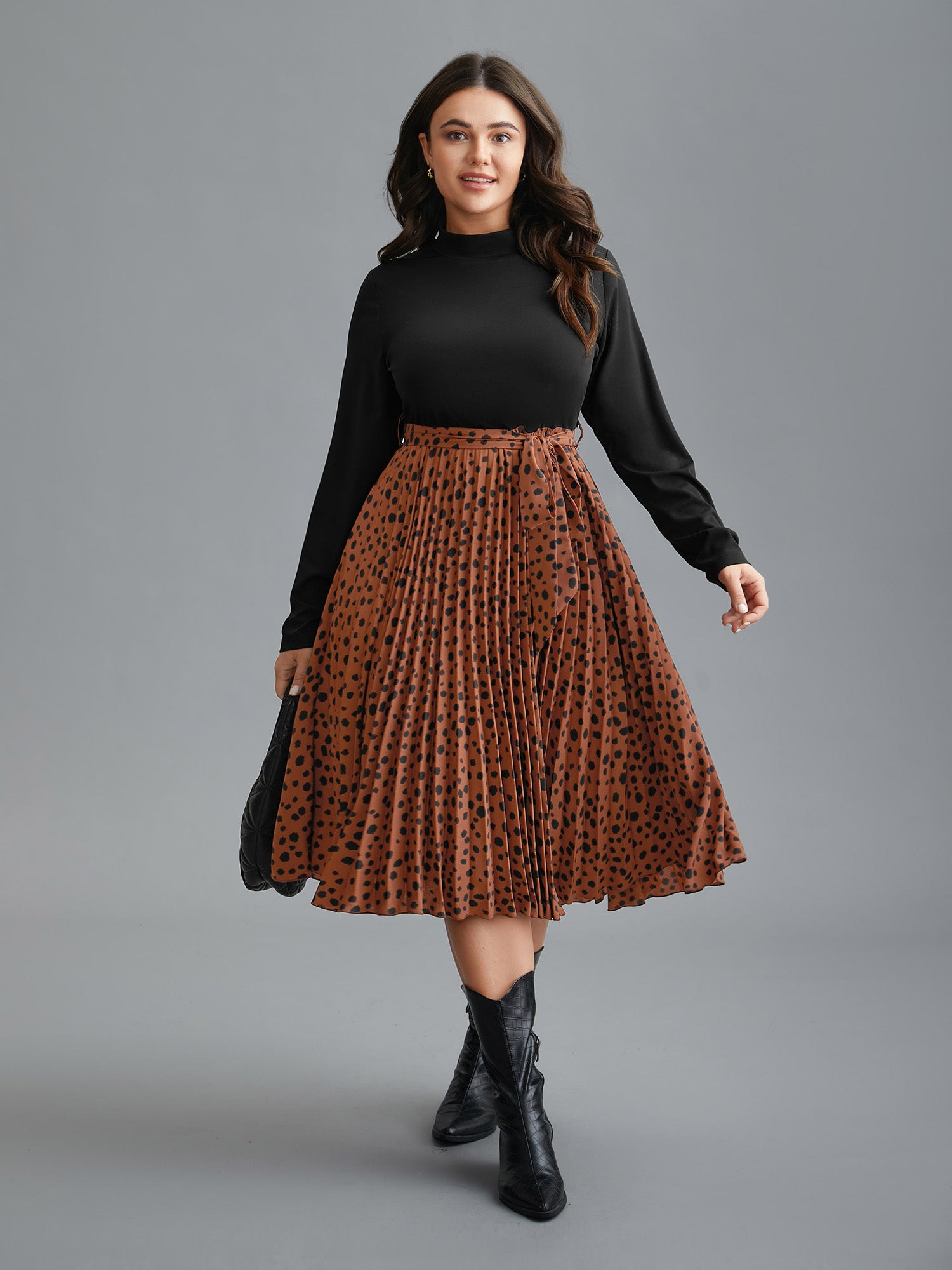 Leopard Print Pleated Mock Neck Midi Dress