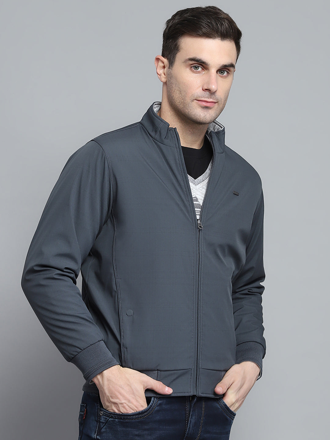 Men Grey Solid Mock Neck Full Sleeve Jacket