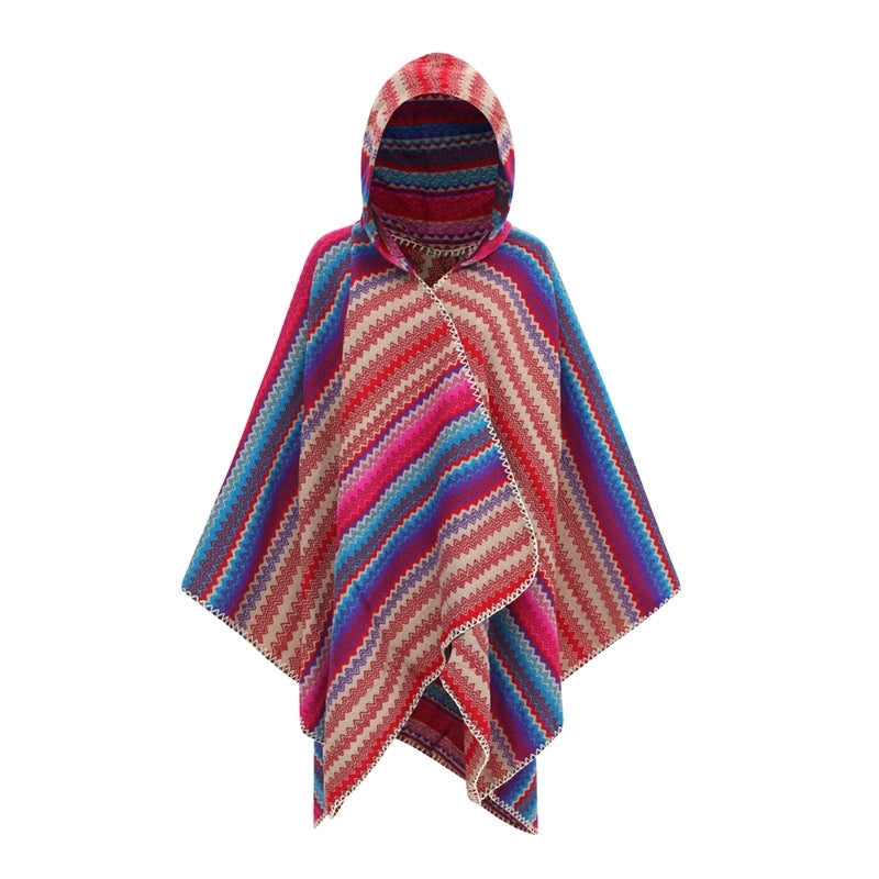 Thick Hat Cape Shawl Autumn And Winter Warm Striped Knitted Shawl Woven Split Cape For Women