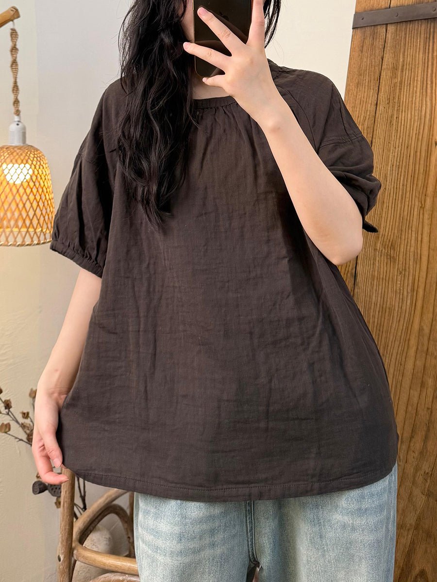 Women Summer Casual Pure Color Cotton O-Neck Shirt