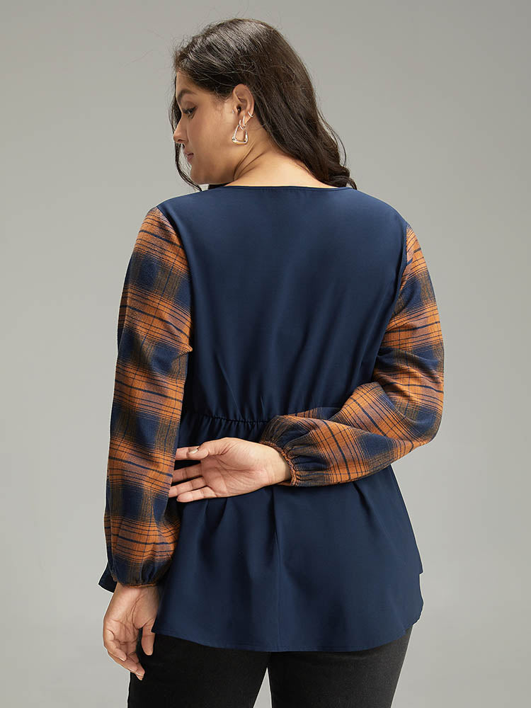 Halloween Plaid Patchwork Button Detail Elastic Waist Blouse