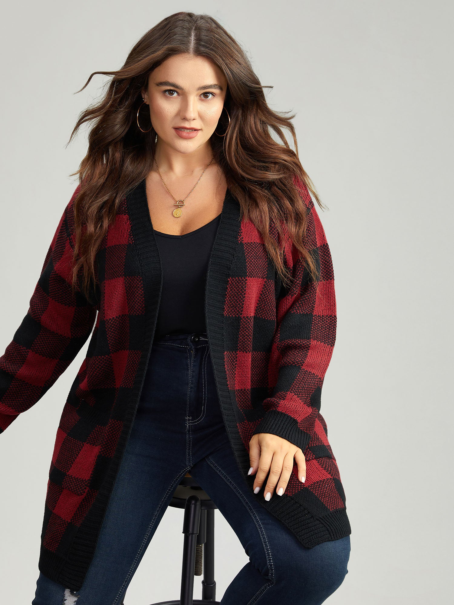 Plaid Patched Pocket Loose Cardigan