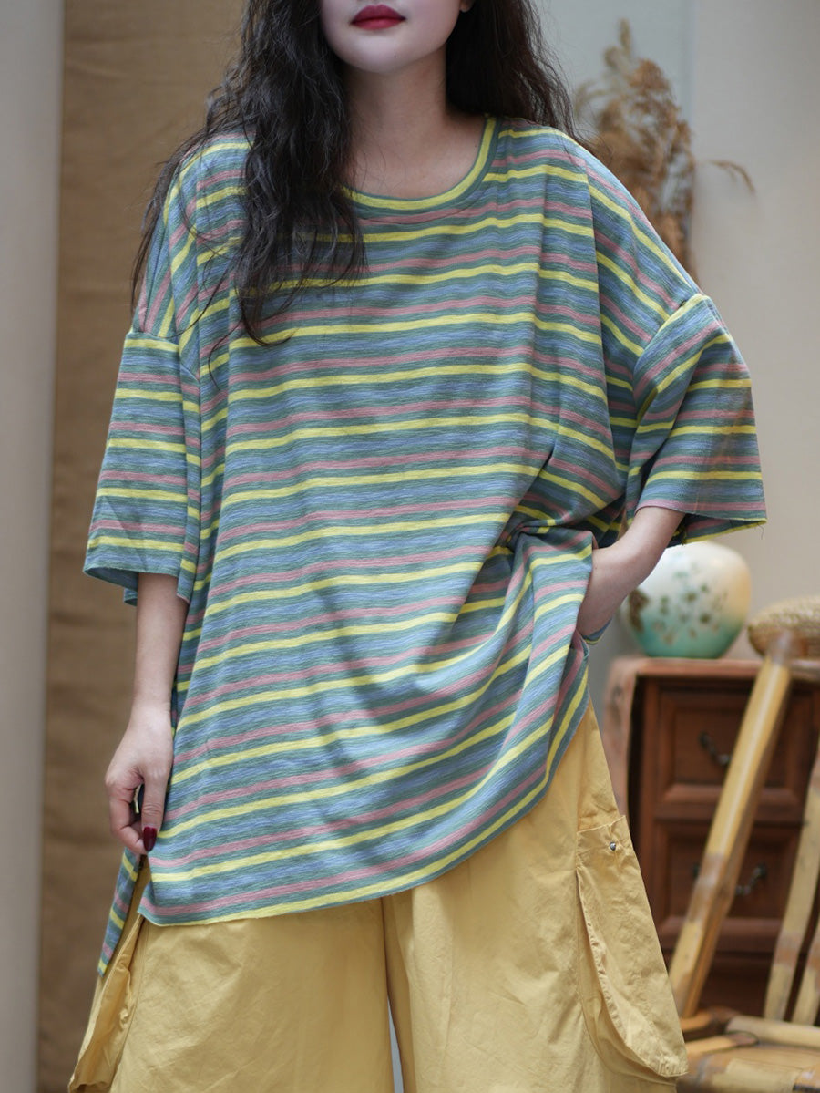 Women Summer Casual Stripe Cotton O-Neck Shirt