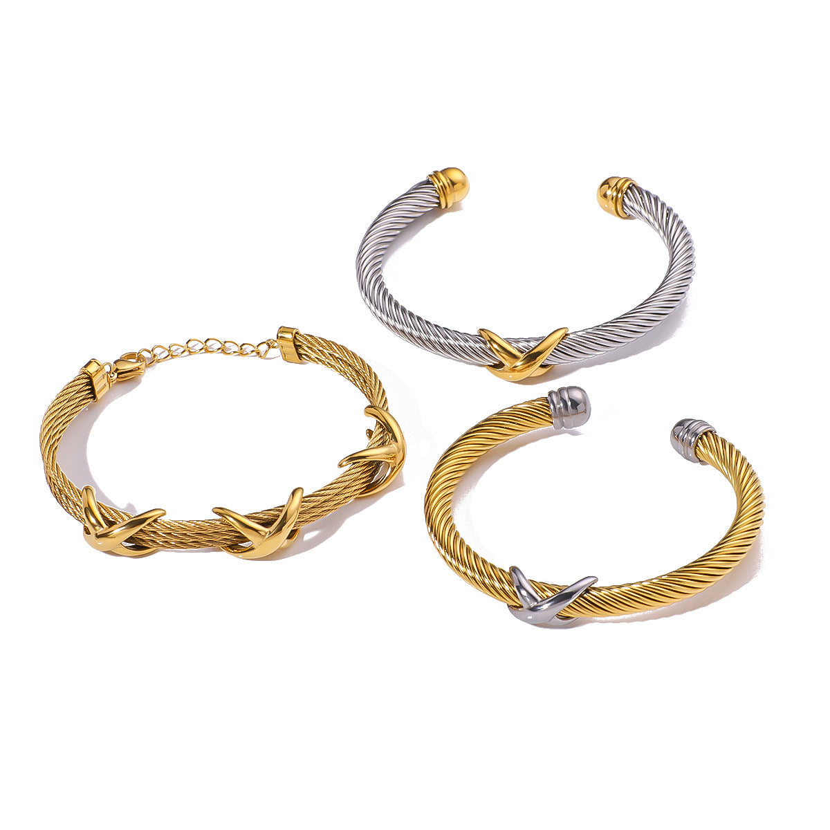 Retro Style Letter Braided Open Bracelet Gold Steel Color Matching Design Stainless Steel Plated With 18K Gold