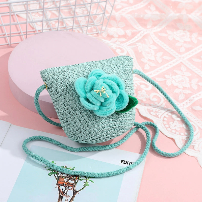 Women's Small Straw Solid Color Flower Vacation Beach Weave Round Zipper Straw Bag