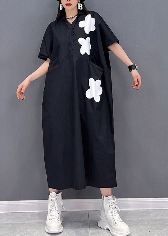 Black Floral Patchwork Pockets Button Cotton Dress Short Sleeve Summer