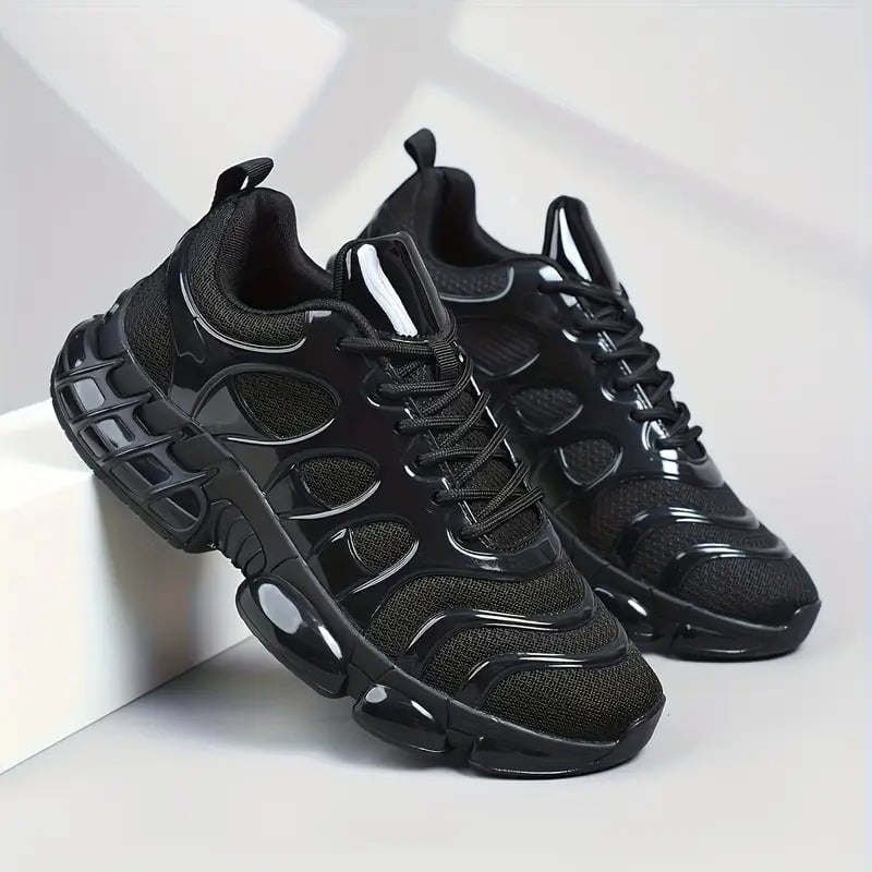 Men's Low-Top Sneakers - Glossy Black Retro-Modern Design with Arch Support & Cushioned TPU Sole - Breathable PU/Fabric Upper for All-Season Gym, Running, Casual & Casual Attire - Comfortable Sneakers, Workout Footwear, Sporty Look, Classic Style, Durable