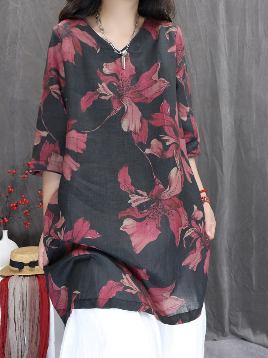 Women Summer Flower 100%Ramie V-Neck Long Shirt