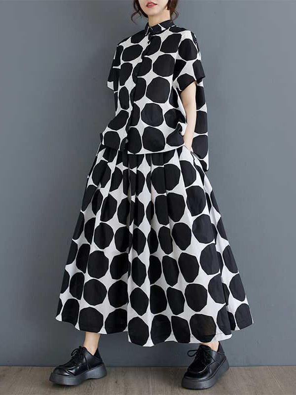 Loose Short Sleeves Buttoned Polka-Dot Lapel Blouse Tops Skirts Bottoms Two Pieces Set