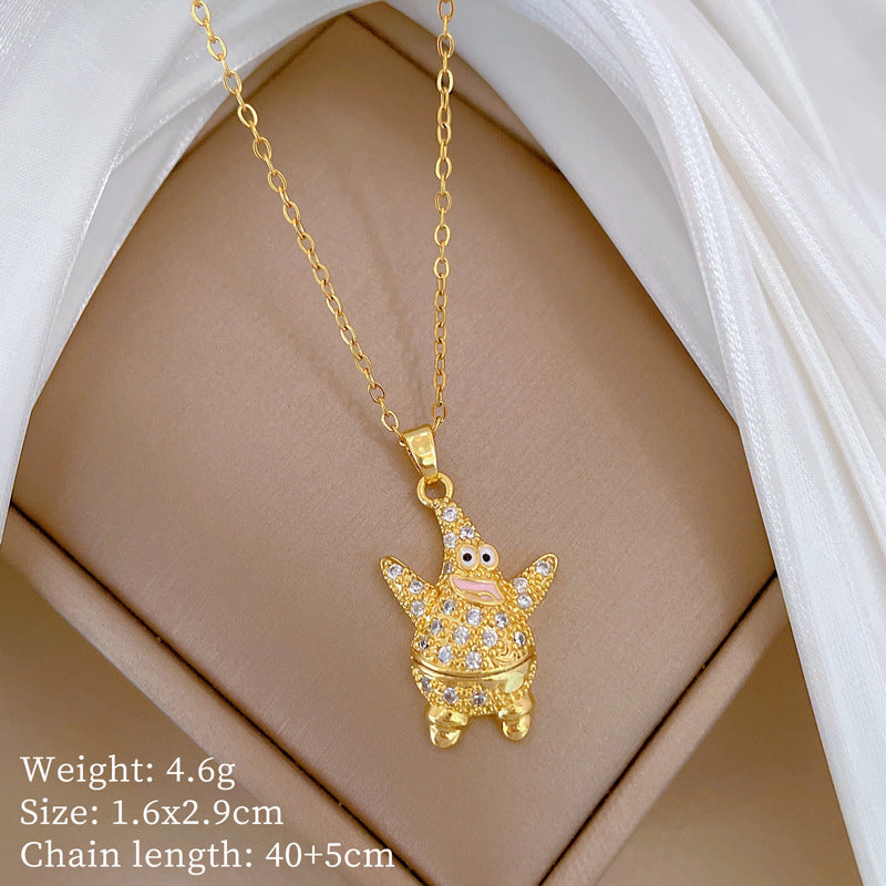 Cartoon East Asia Symbol Lucky Cat Geometric Titanium Steel Diamond Inlay Necklaces