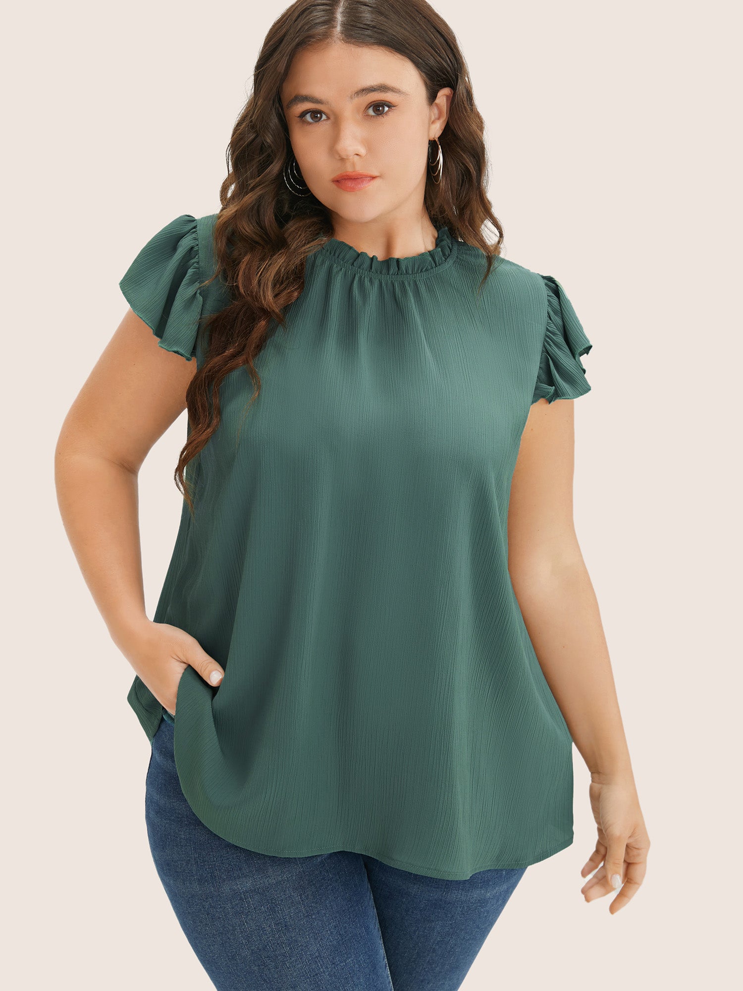 Plain Mock Neck Cap Sleeve Ruffle Trim Blouse