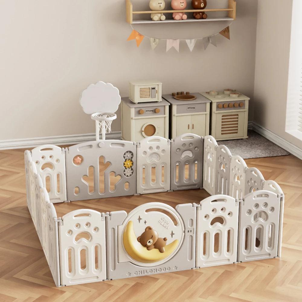 Baby Bear Theme Playpen with 3D Design and Basketball Hoop 16+2
