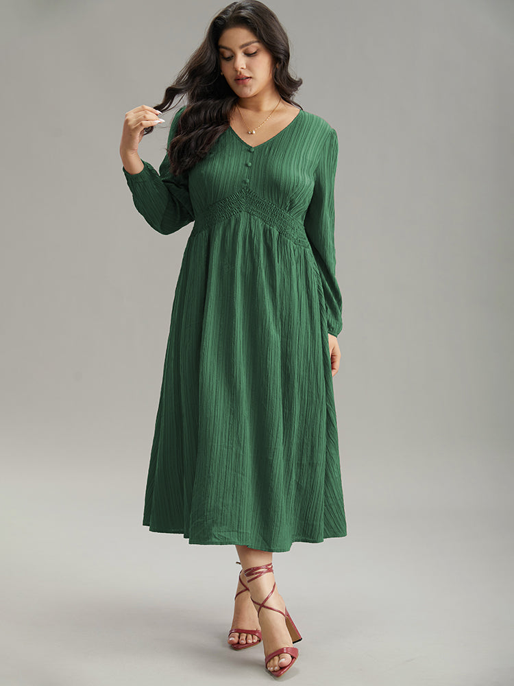 Solid Plisse Button Detail Shirred Dress