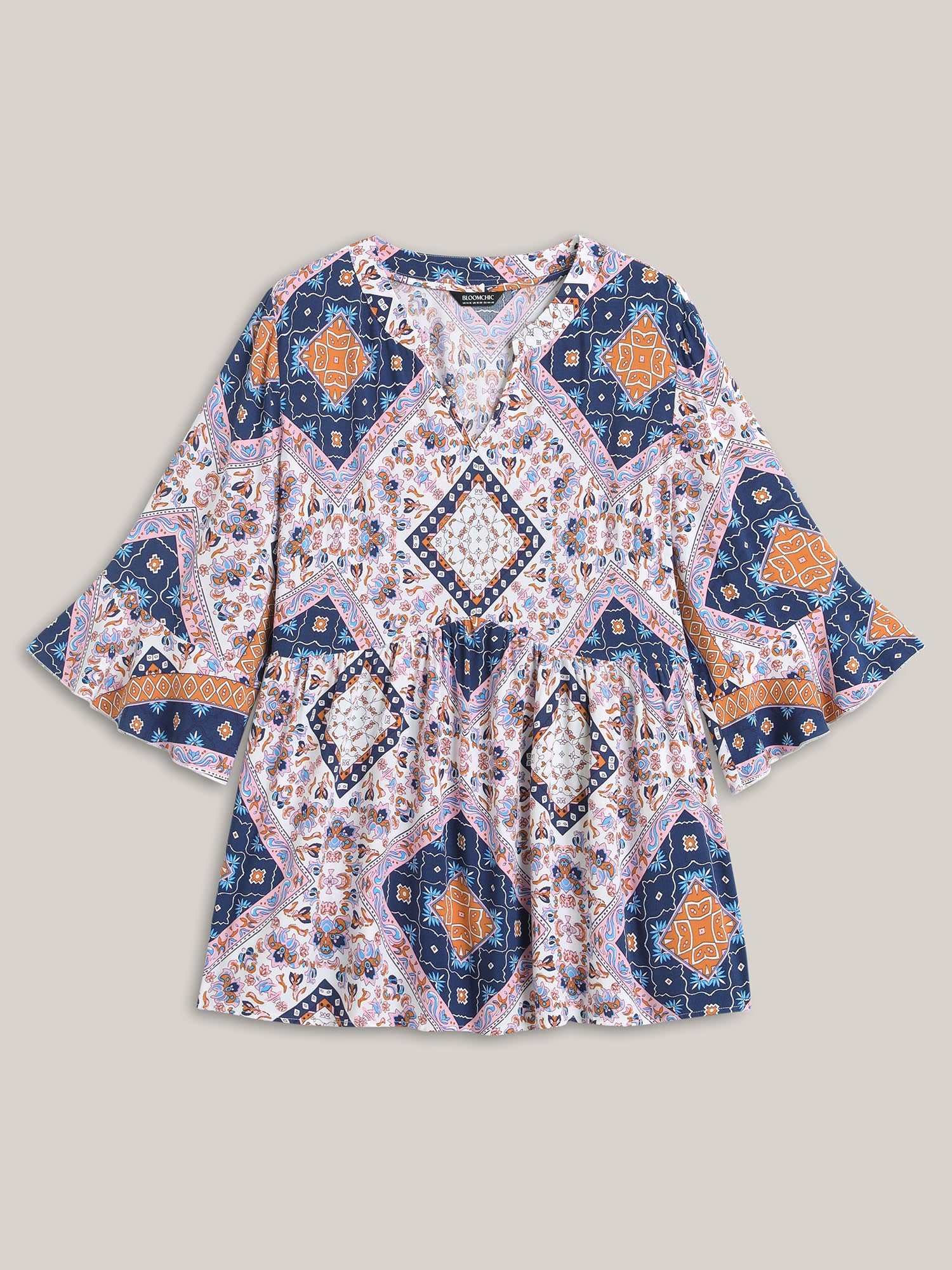 Boho Collage Print Notched Babydoll Top