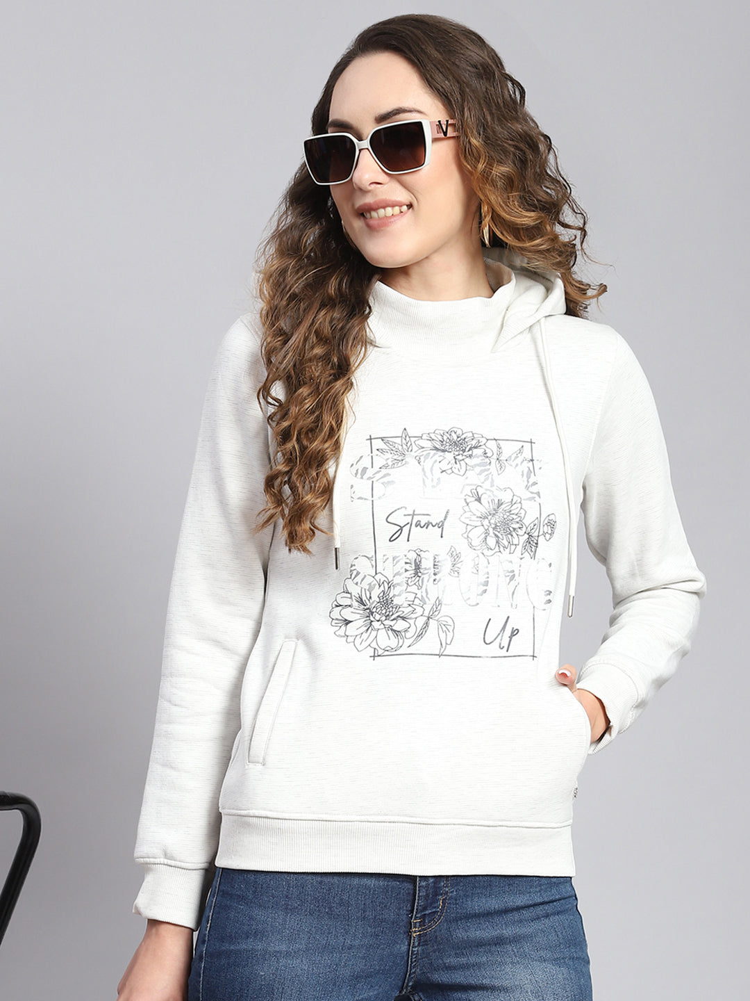 Women Off White Printed Hooded Full Sleeve Sweatshirts