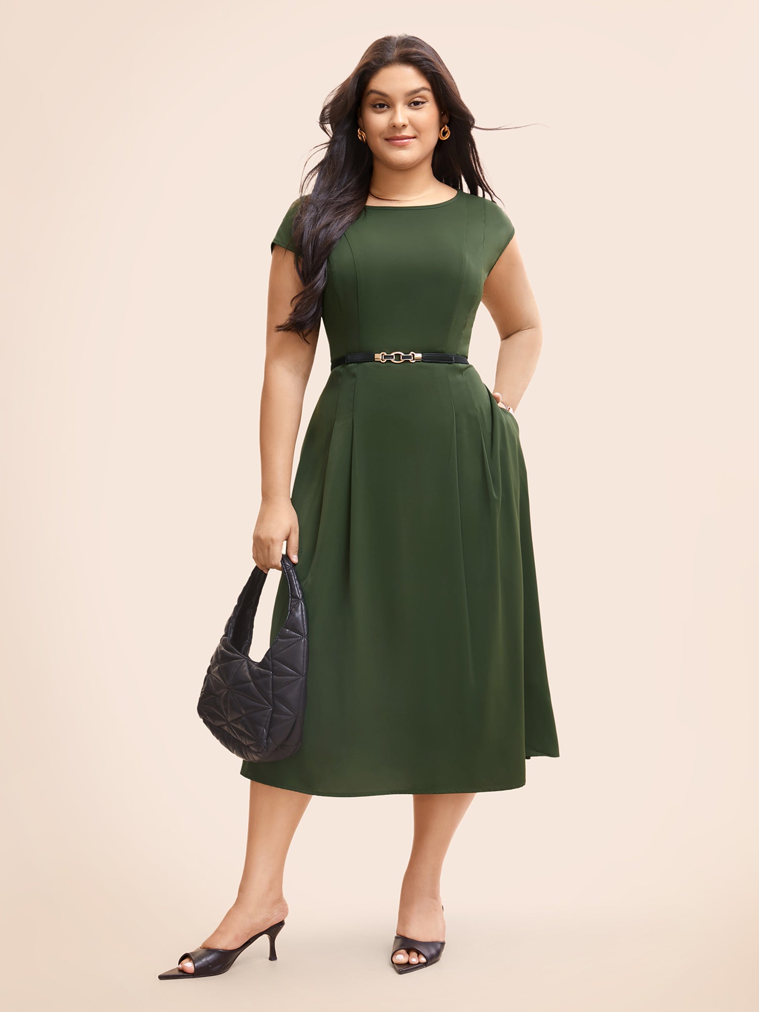 Plain Pleated Shirred Cap Sleeve Dress