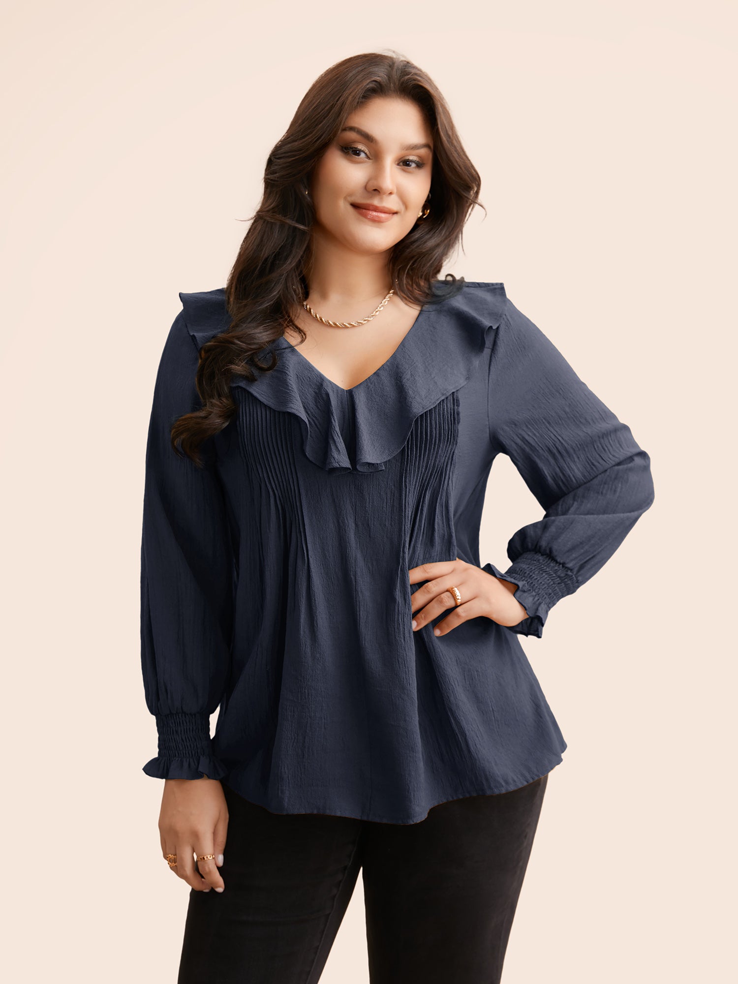 Solid Texture Pleated Ruffle Trim Blouse