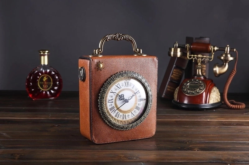 Women's Medium Pu Leather Clock Vintage Style Square Zipper Handbag