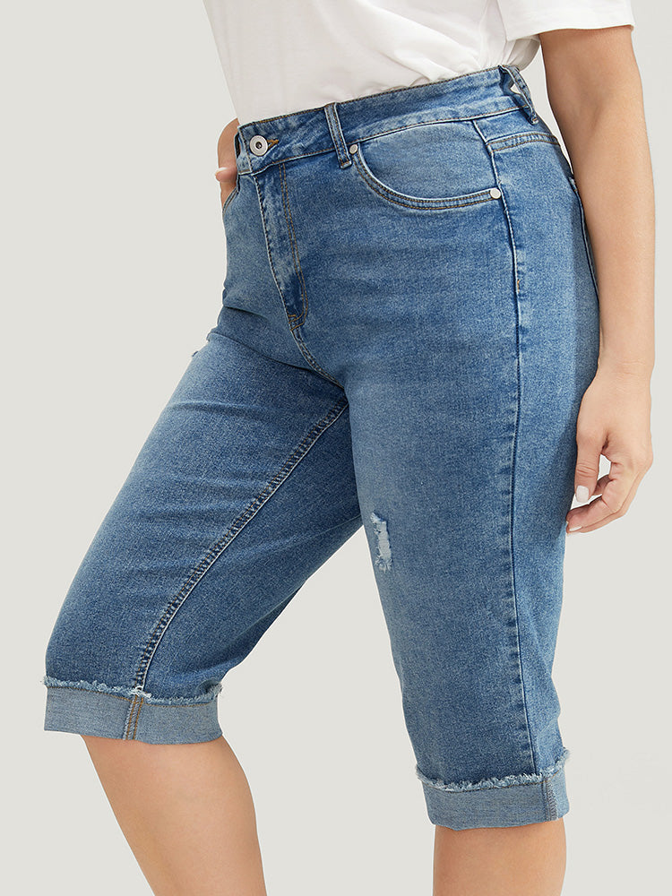 Moderately Stretchy Roll Hem Ripped Knee Denim Shorts