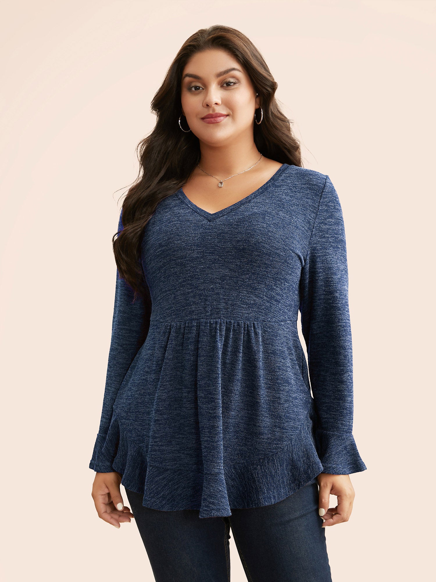 Heather Ruffle Sleeve Arc Hem Jersey Top