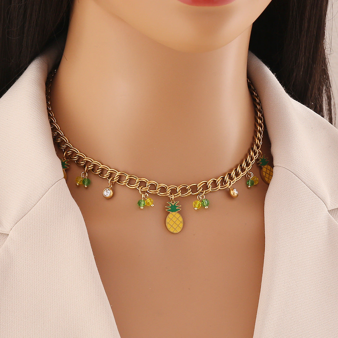 Fruit Watermelon Pineapple Pendant Necklace Colored Crystal Necklace N1524
