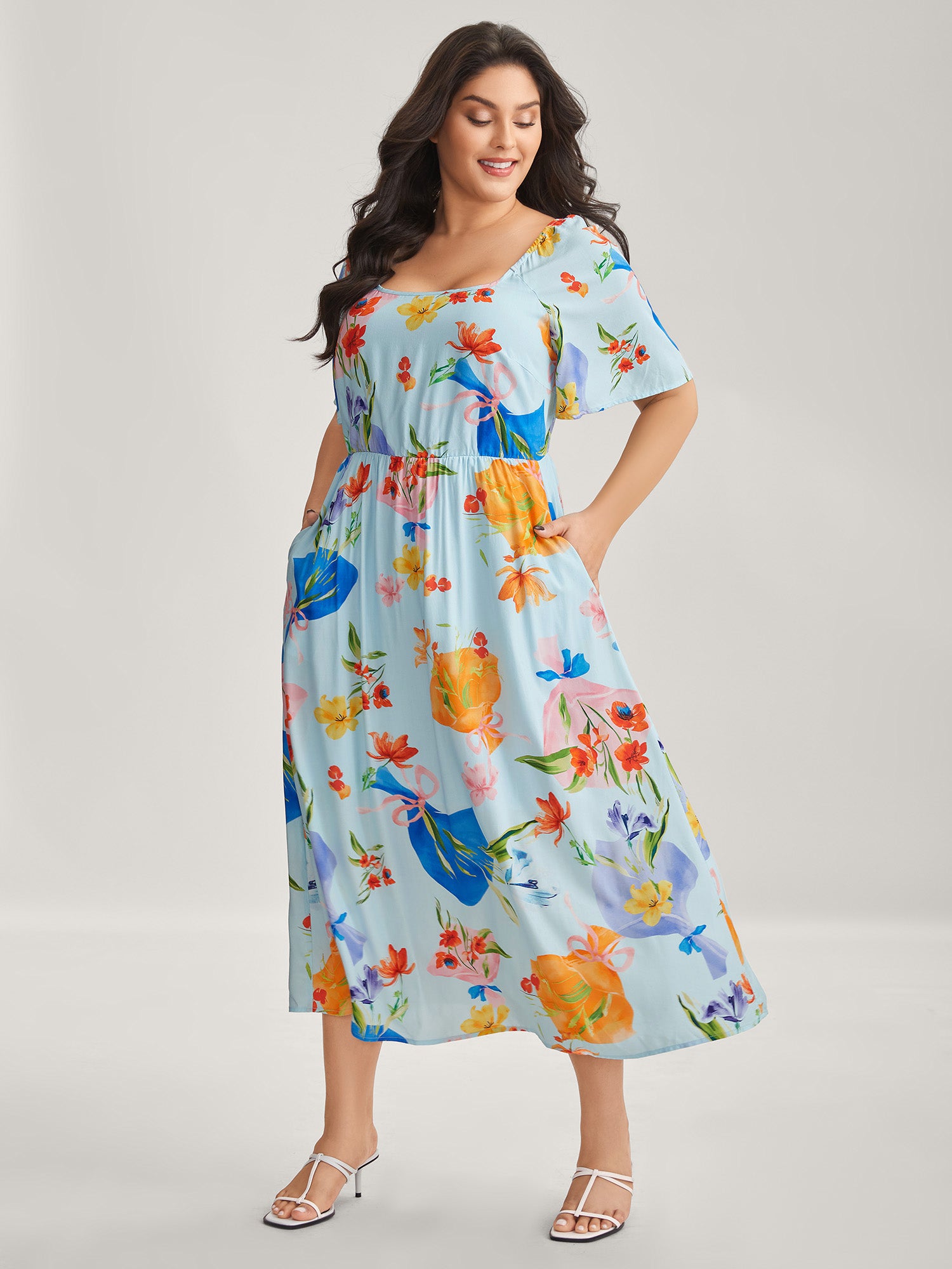 Rayon Floral Print Pockets Midi Dress