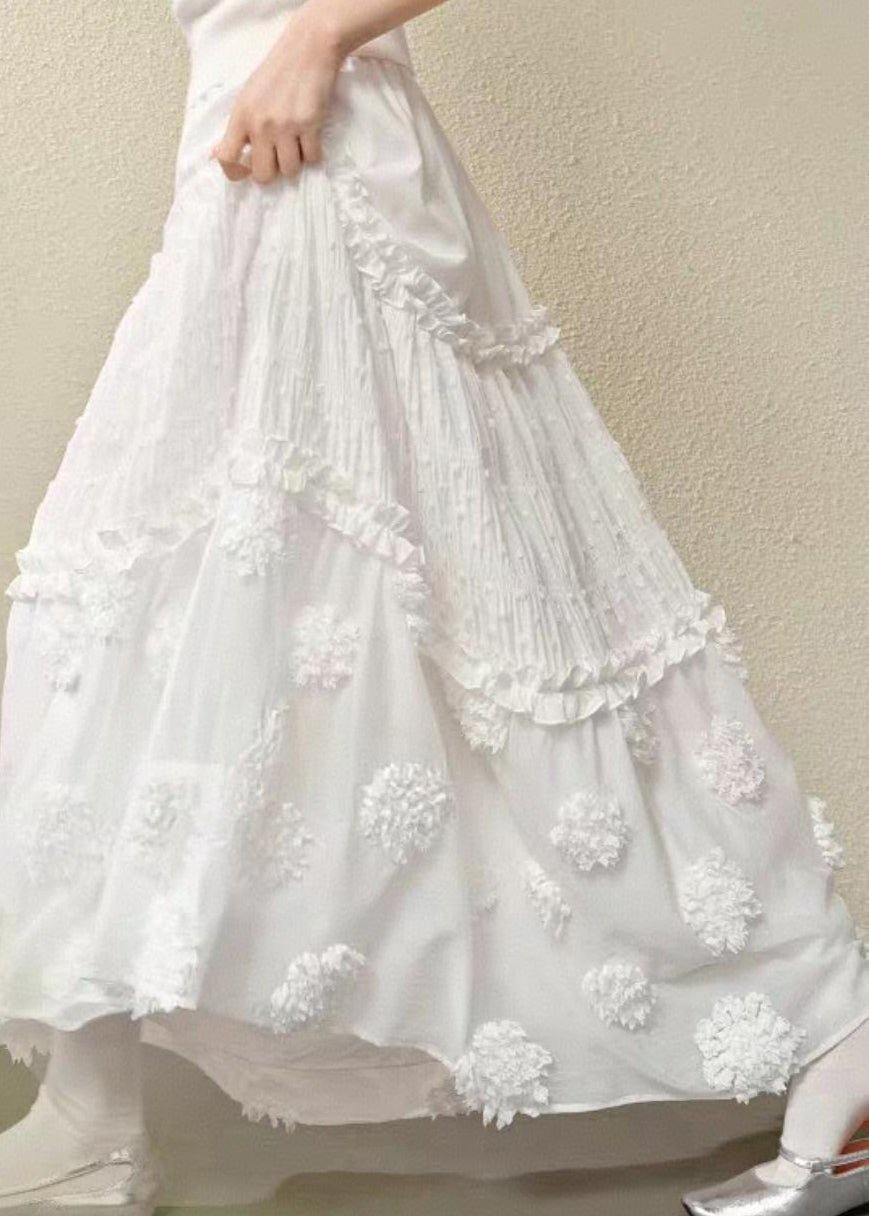 Brief White Ruffled Patchwork Elastic Waist Maxi Skirt