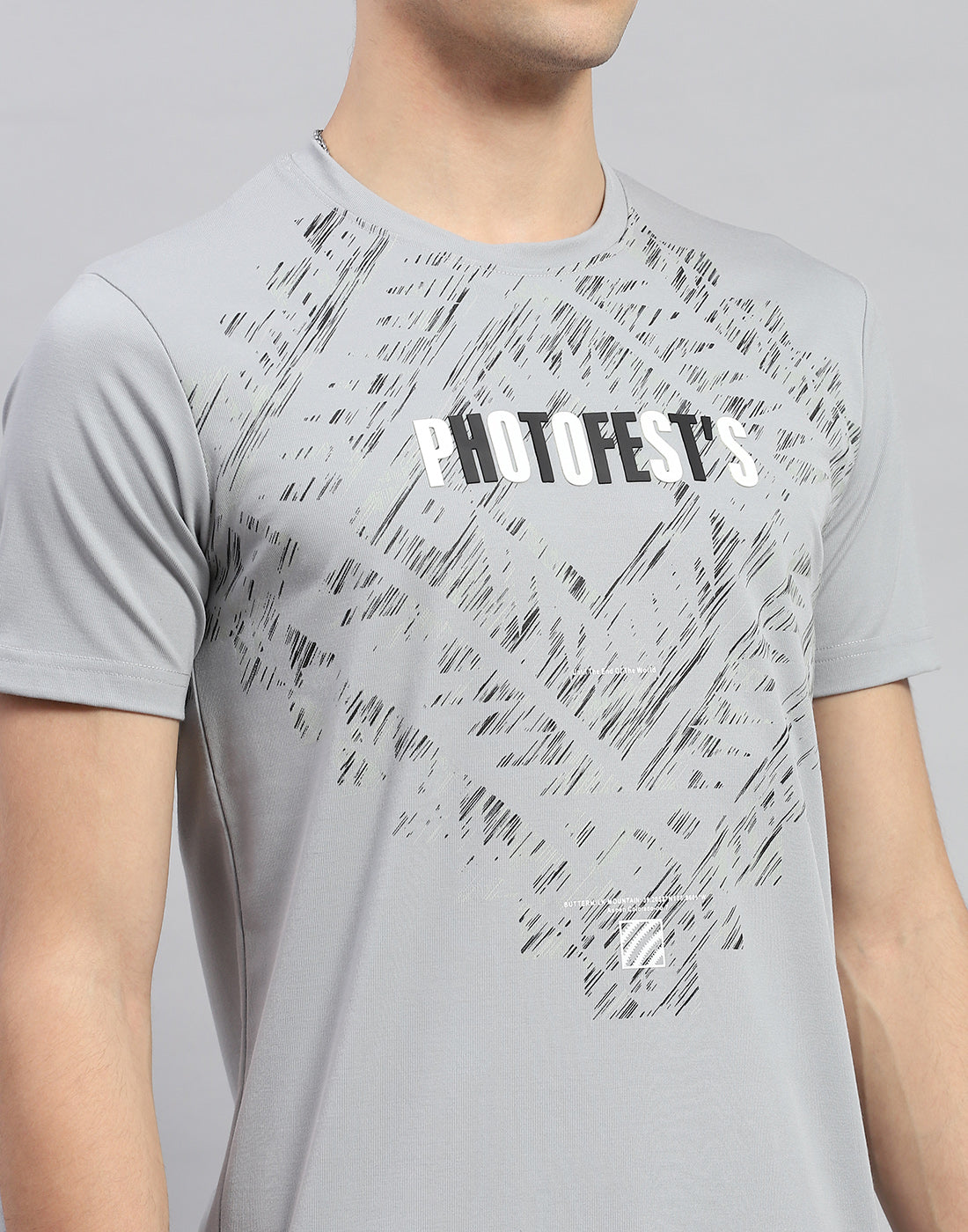 Men Grey Printed Round Neck Half Sleeve T-Shirt