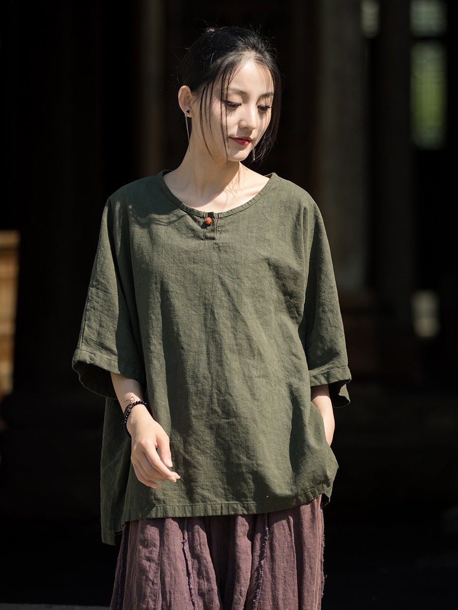 Women Summer Vintage O-Neck Solid Cotton Ramie Shirt