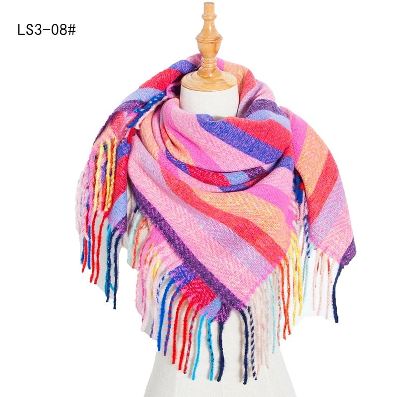 New Circle Yarn Stripe Plaid Polyester Long Tassel Bristle Square Scarf Female Men's Scarf Shawl