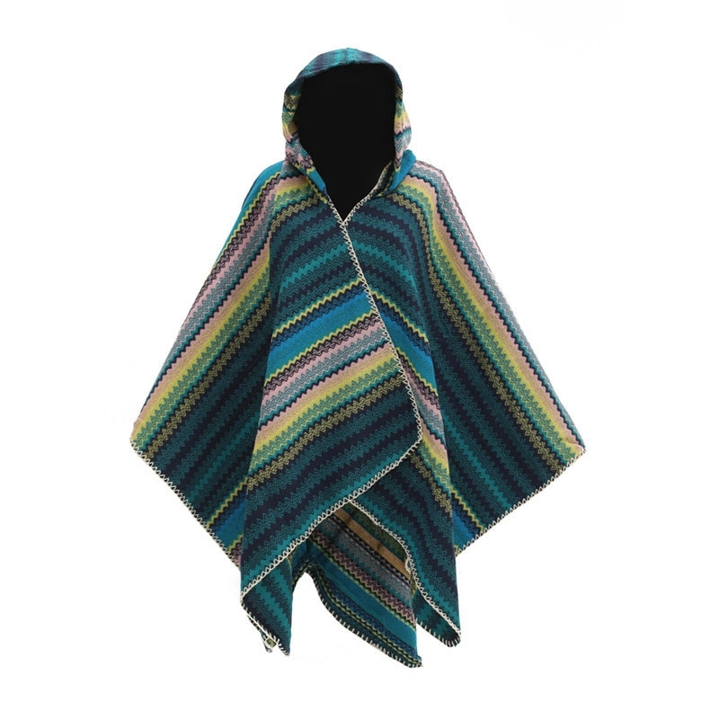 Thick Hat Cape Shawl Autumn And Winter Warm Striped Knitted Shawl Woven Split Cape For Women