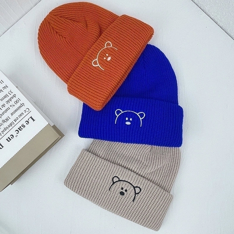 Children Unisex Cute Bear Embroidery Wool Cap