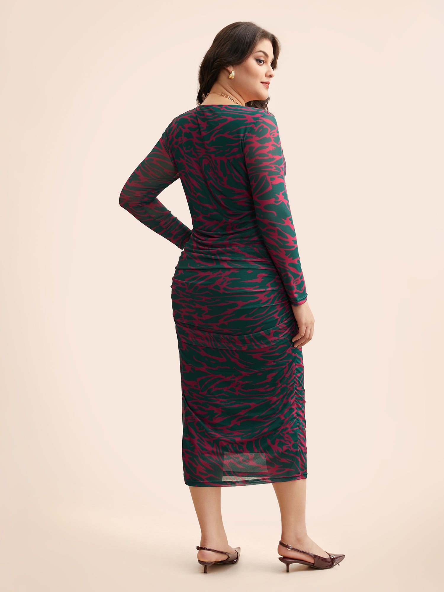 Square Neck Geometric Mesh Ruched Dress