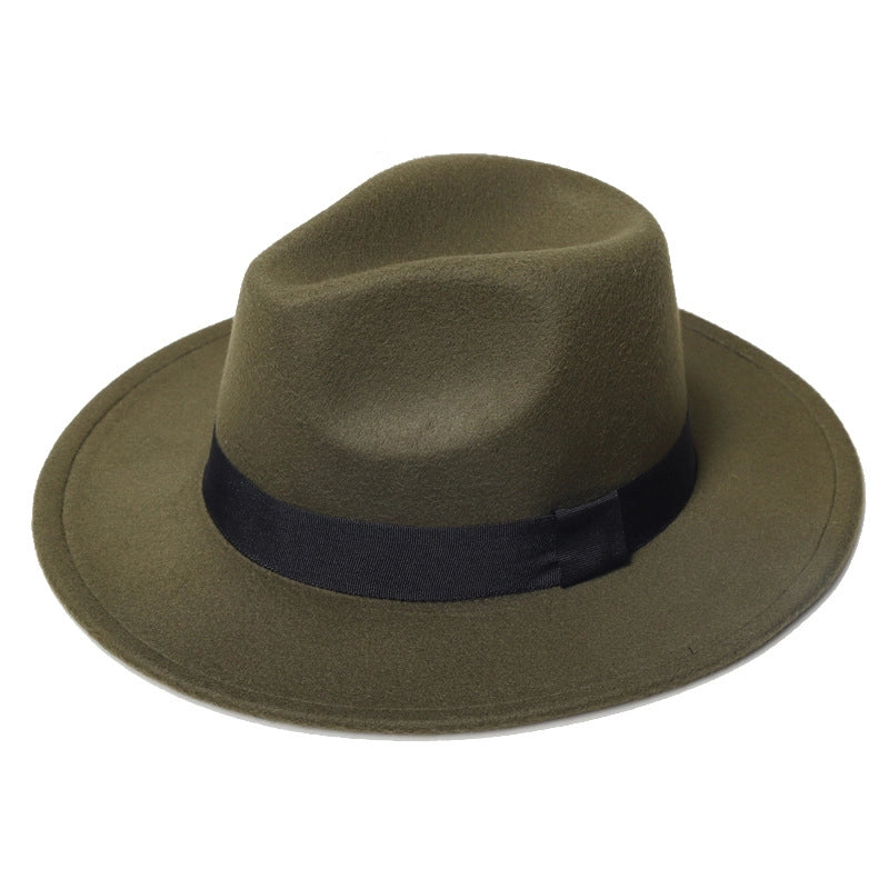 Autumn And Winter New Square Ribbon Panama Top Hat British Style Flat Rim Jazz Hat Woolen Hat Men