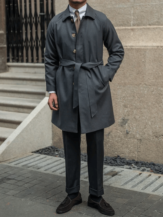 Men's Fashionable Open-Pocket Single-Breasted Design Casual Woolen Coat (Belt Included)