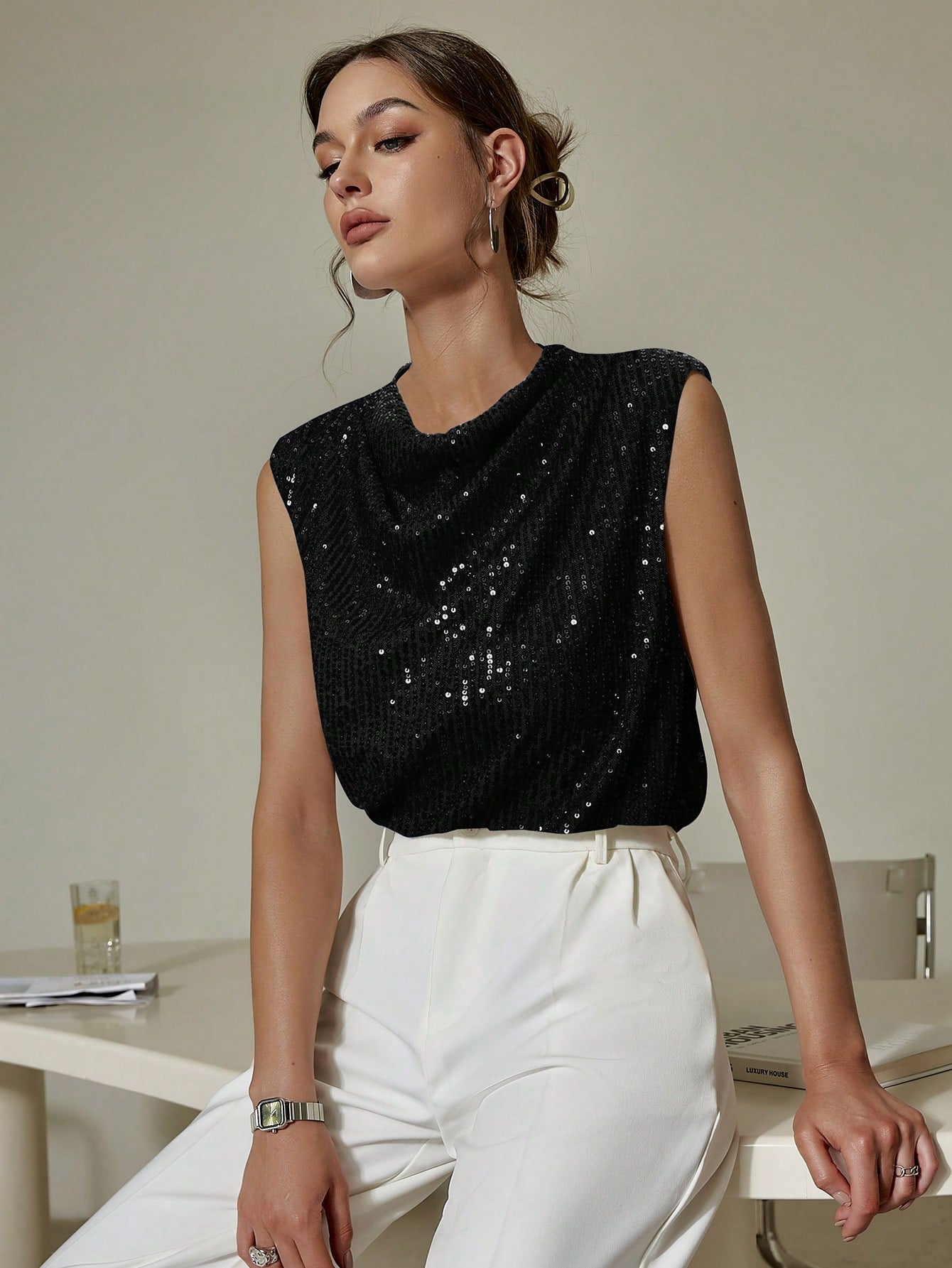 Cowl Neck Sleeveless Sequin Tank Top
