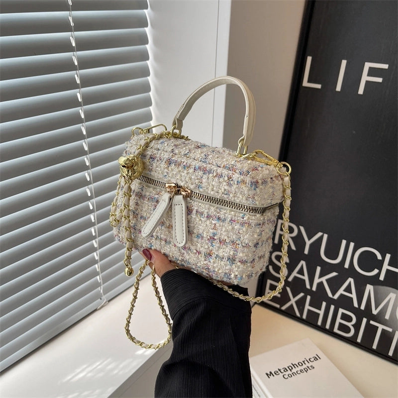 Women's Small Yarn Color Block Basic Streetwear Square Zipper Shoulder Bag Crossbody Bag Chain Bag