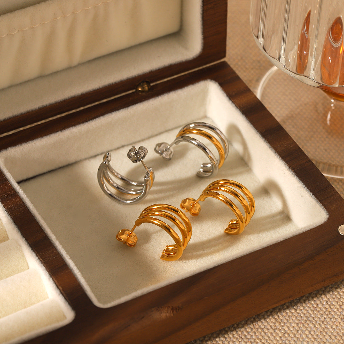 C-Shaped 18K Gold Stainless Steel Earrings Design Three-Layer Titanium Steel Earrings Female Earrings