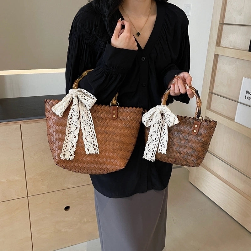 Women's Medium Straw Solid Color Vacation Beach Weave Open Straw Bag