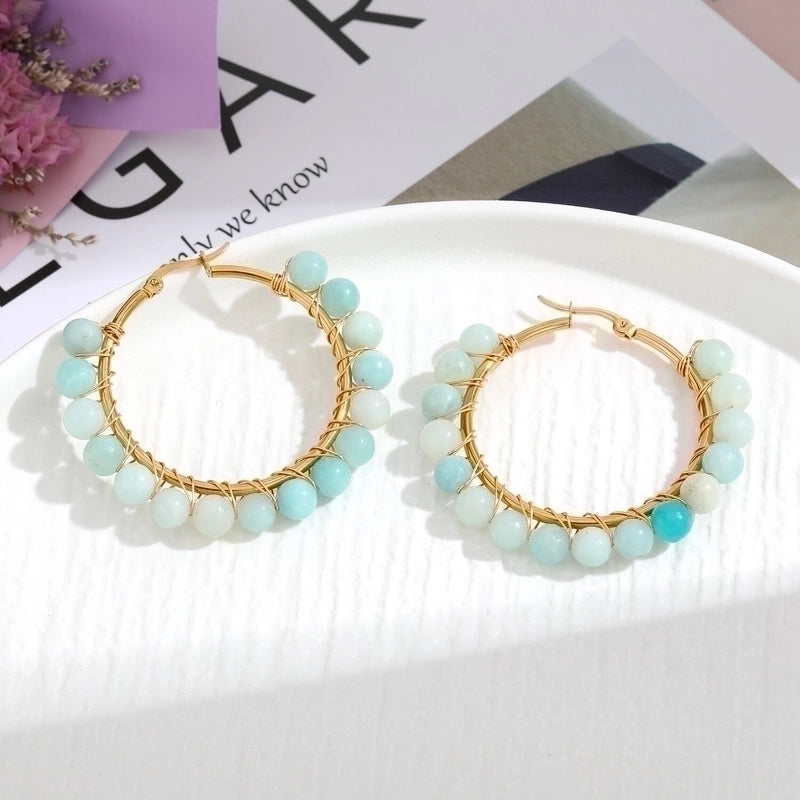 2 Pieces Retro Geometric Handmade Stainless Steel Natural Stone Earrings