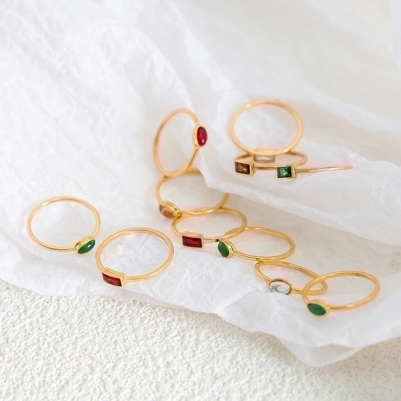 Minimalist Square Oval Titanium Steel Glass Stone Zircon 18K Gold Plated Plating Inlay Rings