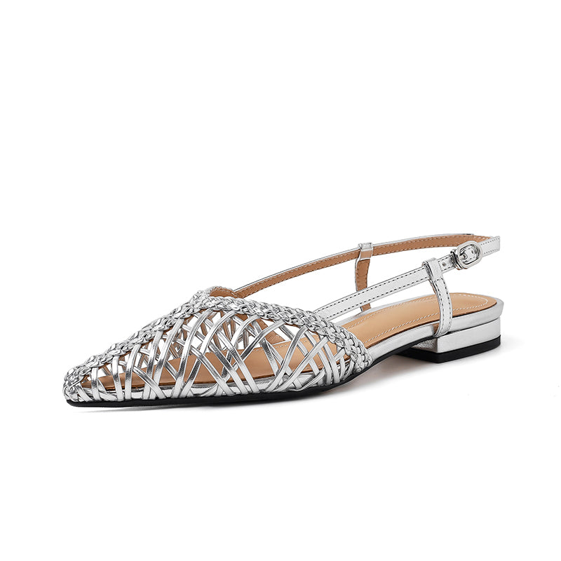 Women's Woven Pointed Toe Slingback Flat Sandals Breathable Summer Shoes in Green/Silver/Yellow/Gunmetal