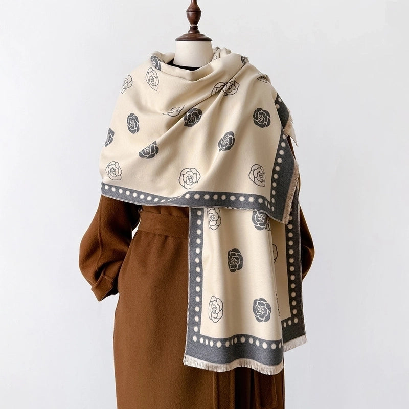 Women's Elegant Lady Printing Flower Imitation Cashmere Polyester Scarf