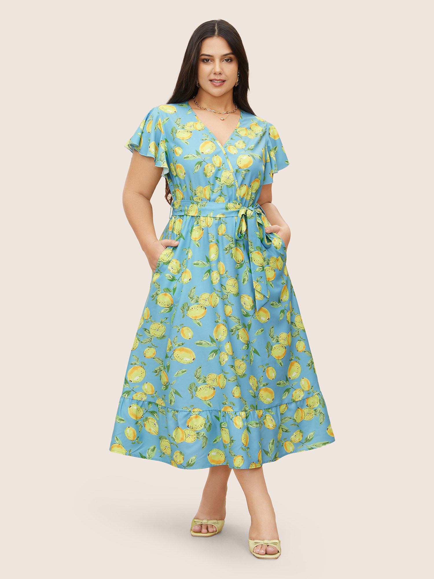 Citrus Lemon Print Ruffle Cap Sleeve Belted Dress